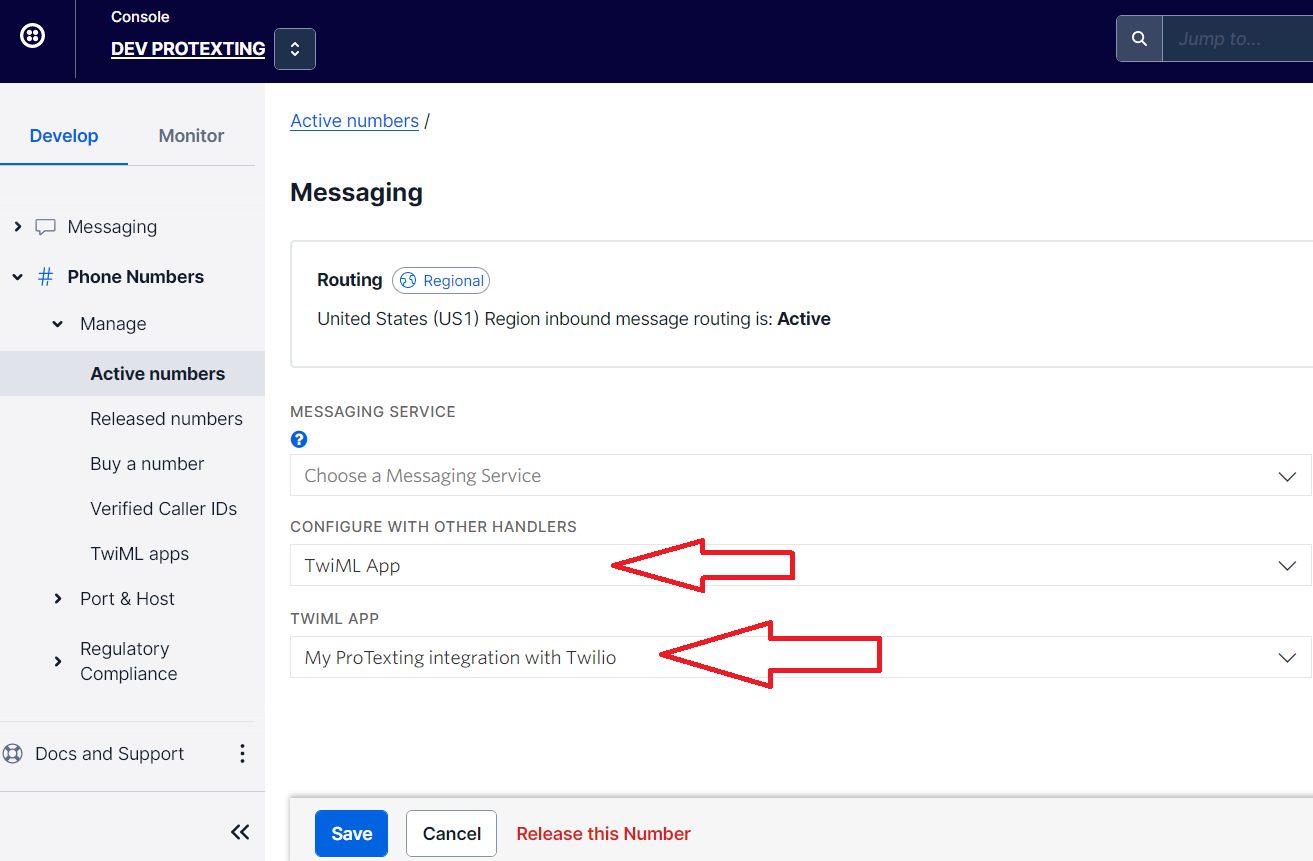 Add your Twilio number in ProTexting dashboard