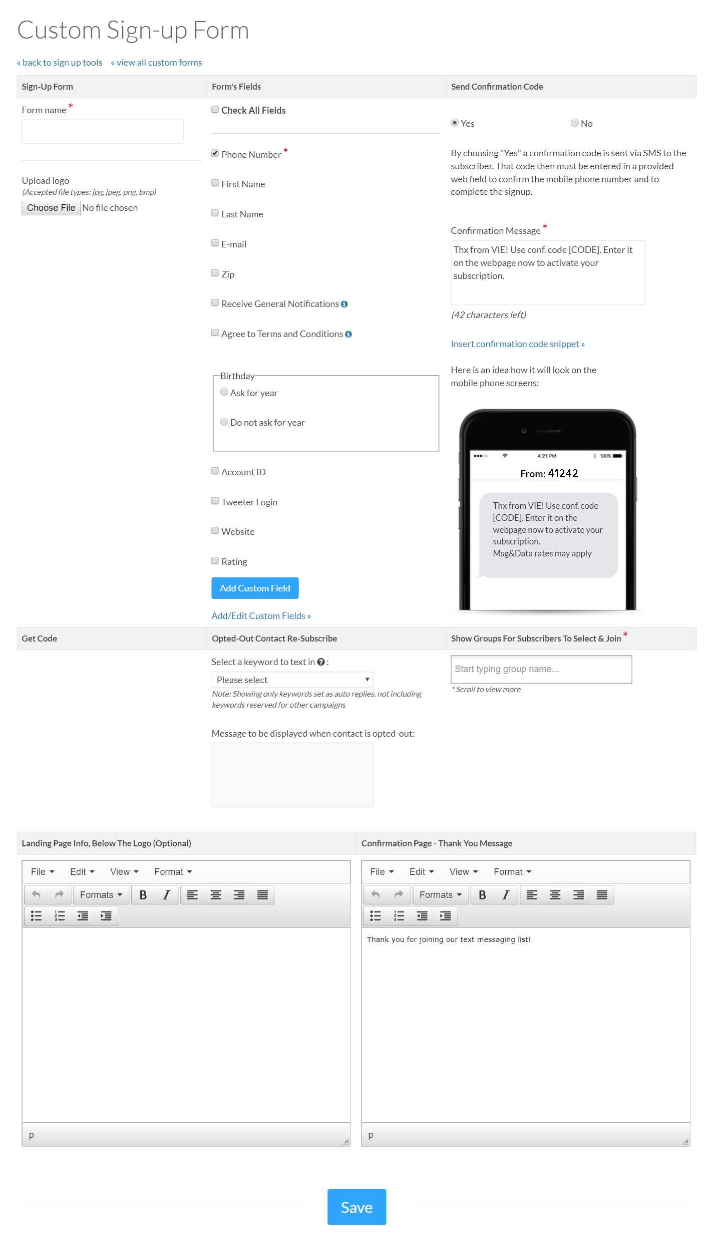 Messaging Web Sign Up Forms